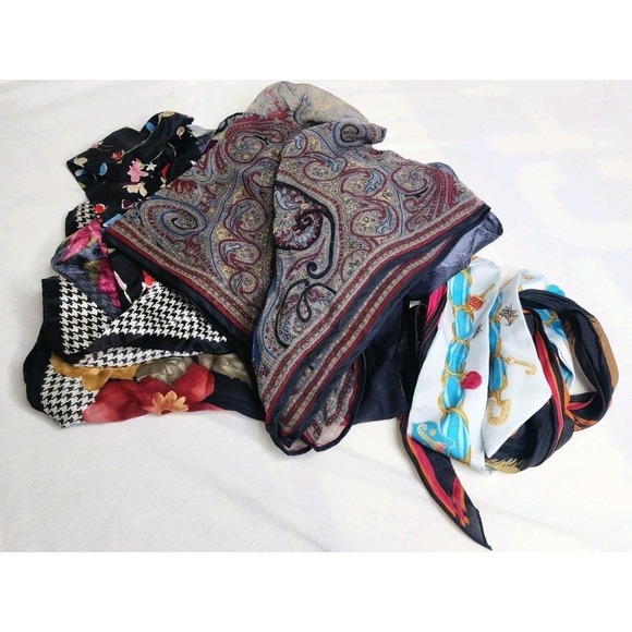 Lot of 6  Designer Silk Scarves Floral Geometric Bright Head/Neck Scarfs Luxury - Picture 1 of 13